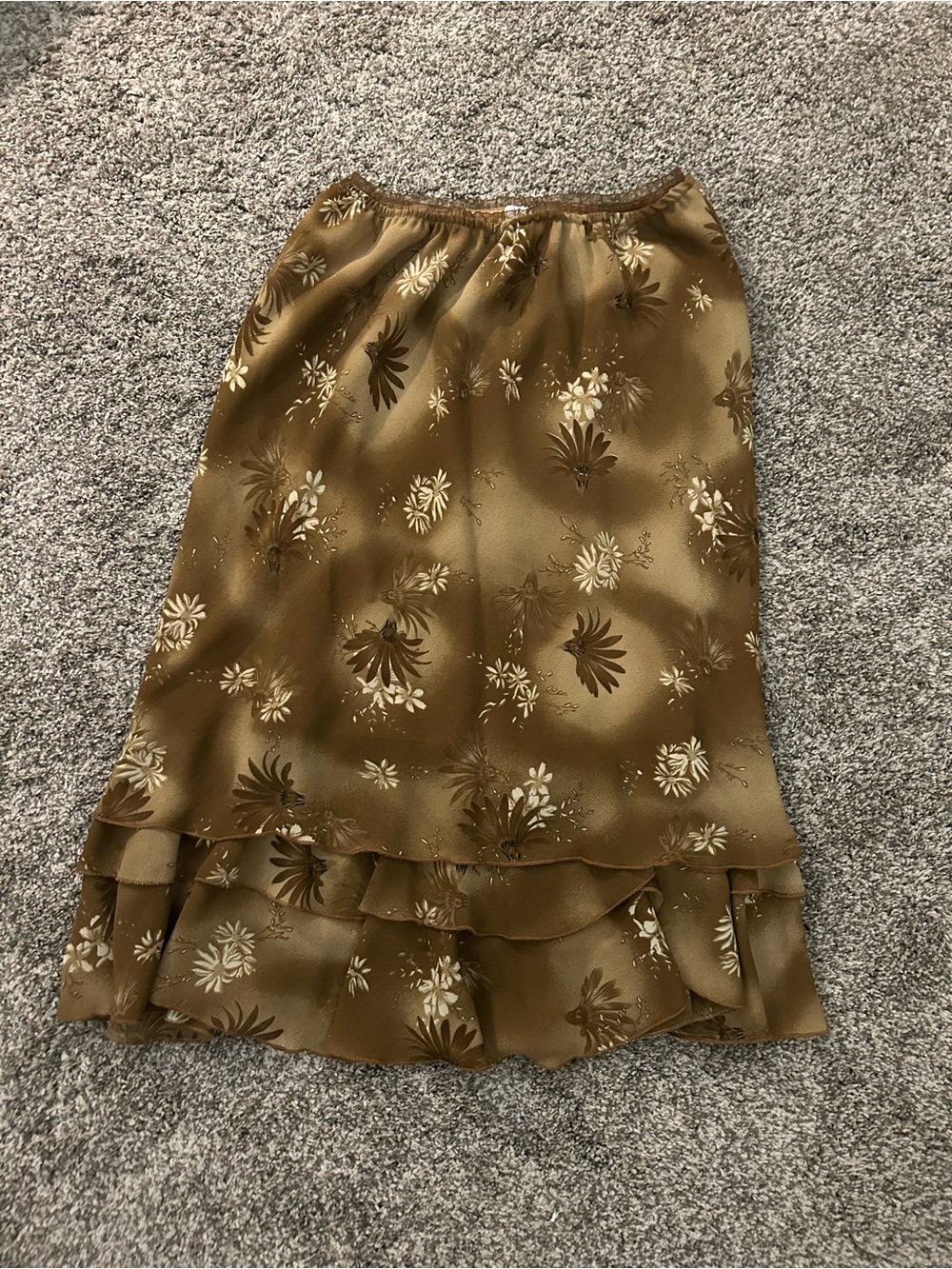 Brown Floral Ruffle Midi Skirt